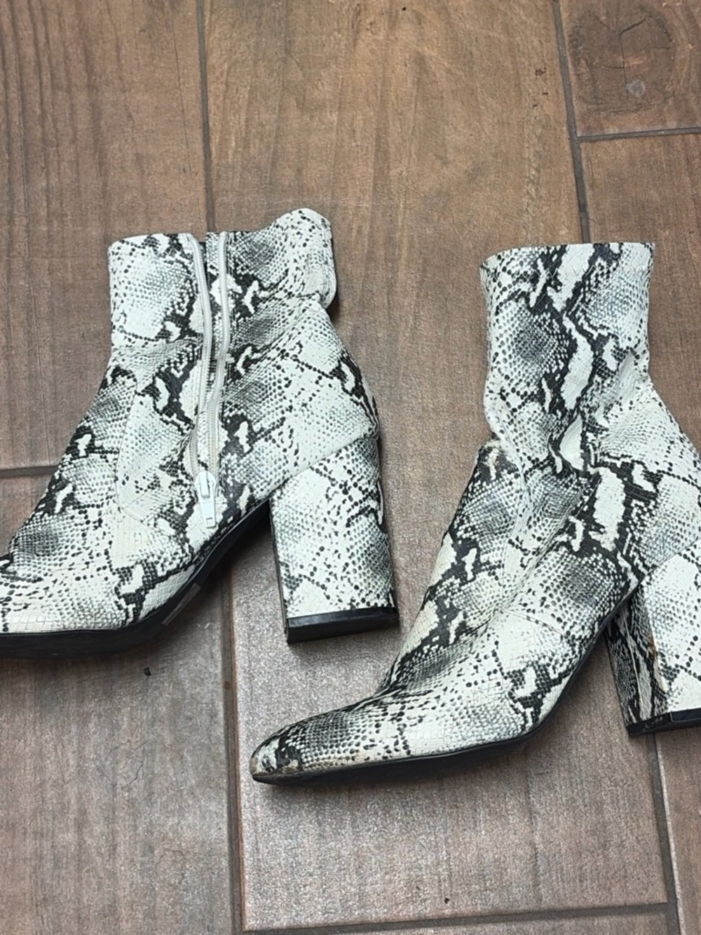 Steve Madden White and Black Snake-Print Ankle Boots